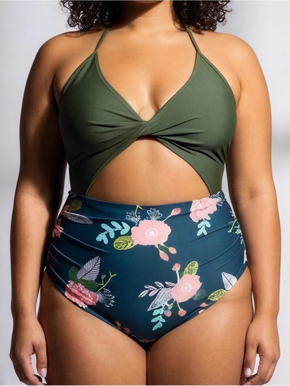 NWT Beachsiss Olive Green & Teal Floral High-Waist One-Piece -- XL